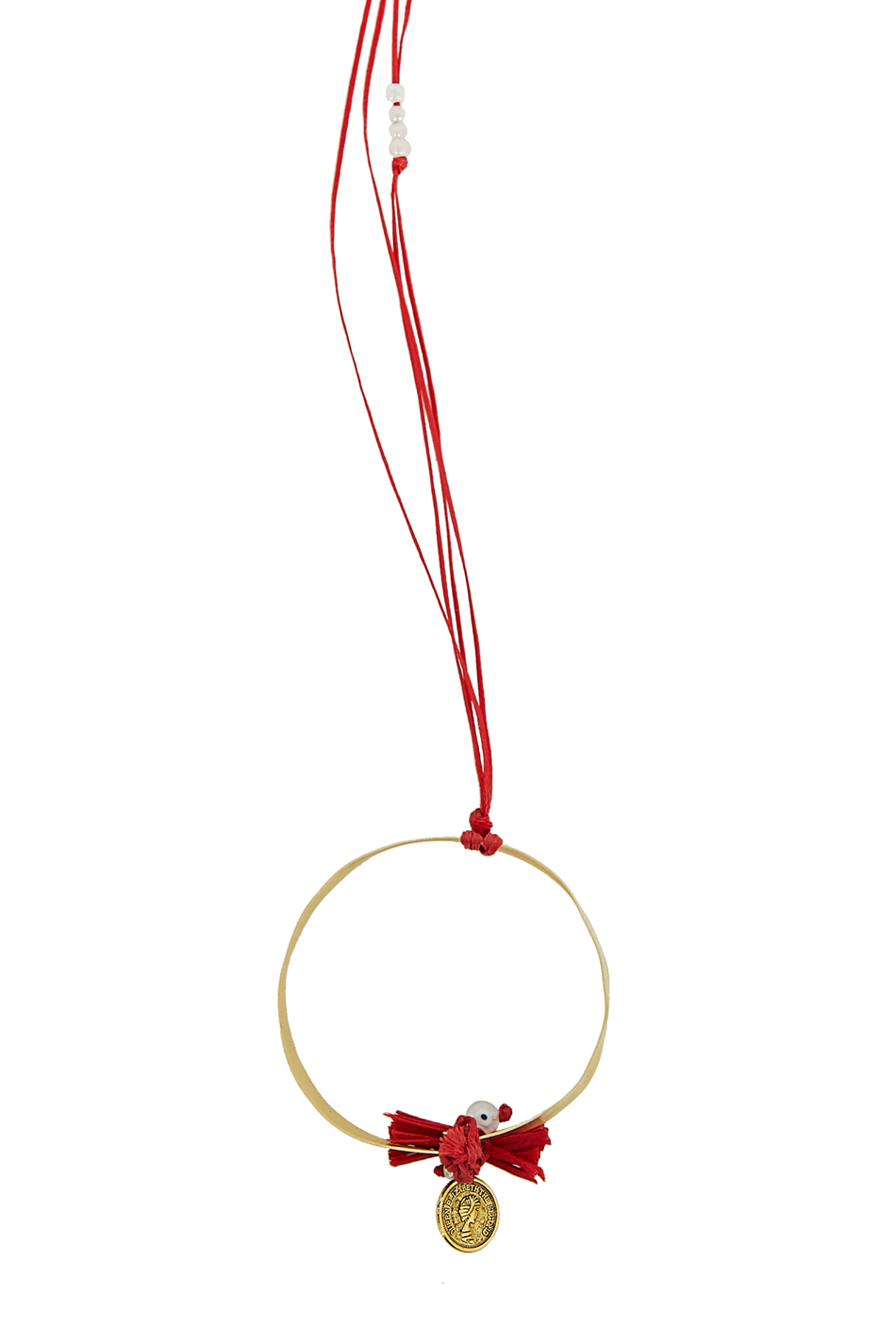 Handmade long necklace Henrietta by brass with a small eye, florin and bow from thread.