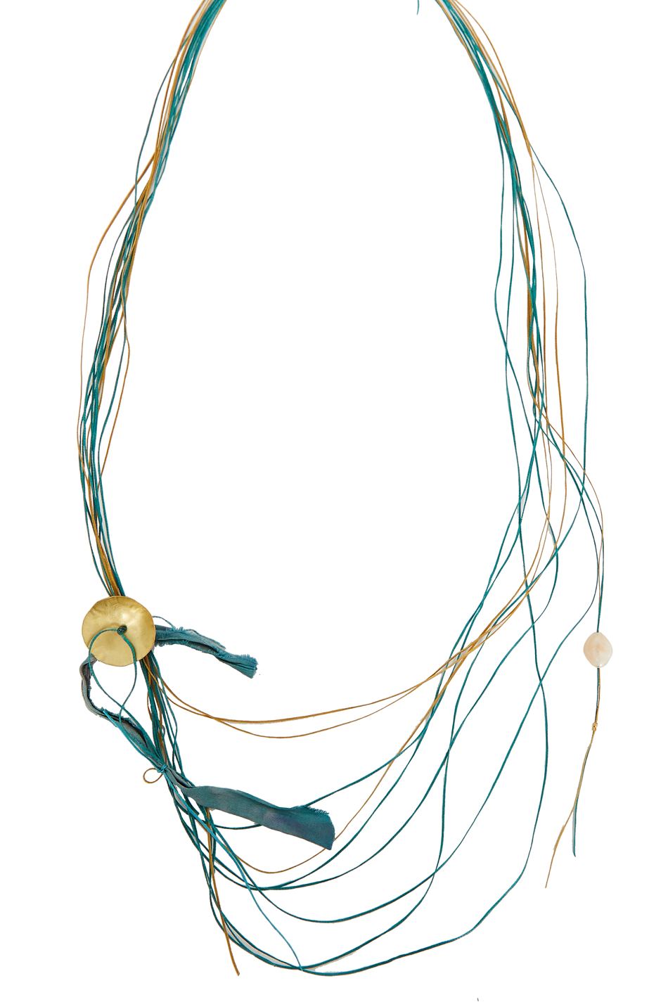 Handmade long necklace Iokasti with laces, by brass and silk.