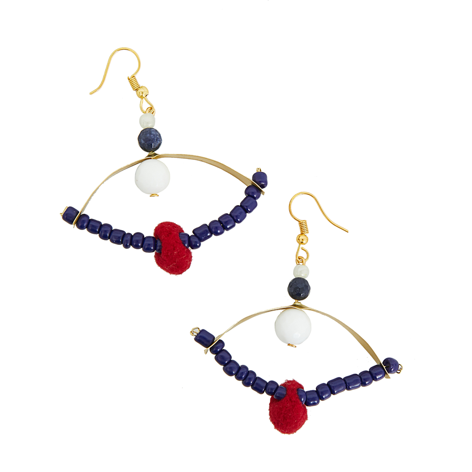 Handmade earrings blue eyes by brass with blue beads and red pon pon.